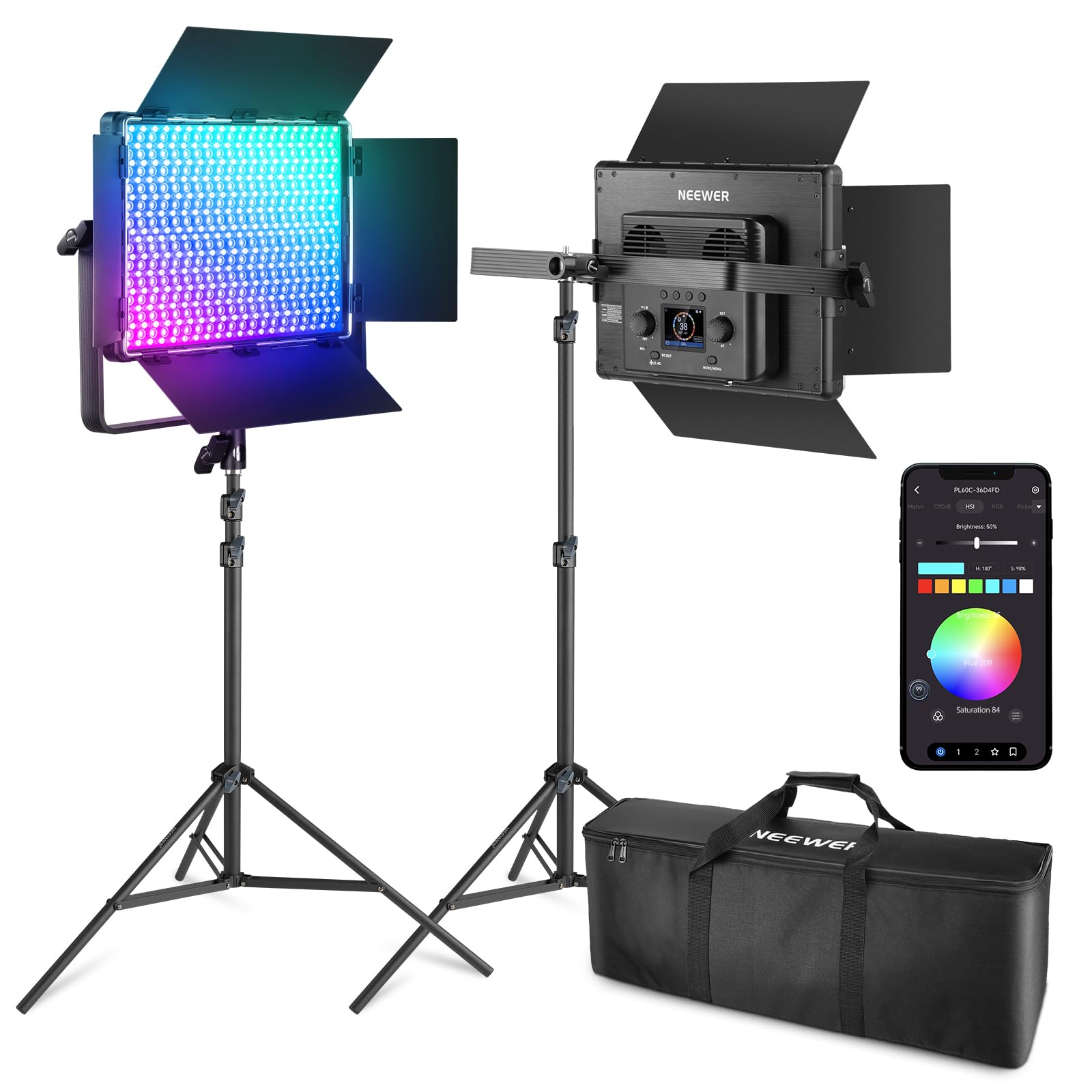 NEEWER Upgraded 660 PRO II RGB LED Video Light with App Control & Tripod Stand Kit, 2 Pack 50W/1% Min Dimming/CRI97+/3200~5600K Key Lighting for Game Streaming YouTube Recording Studio Photography