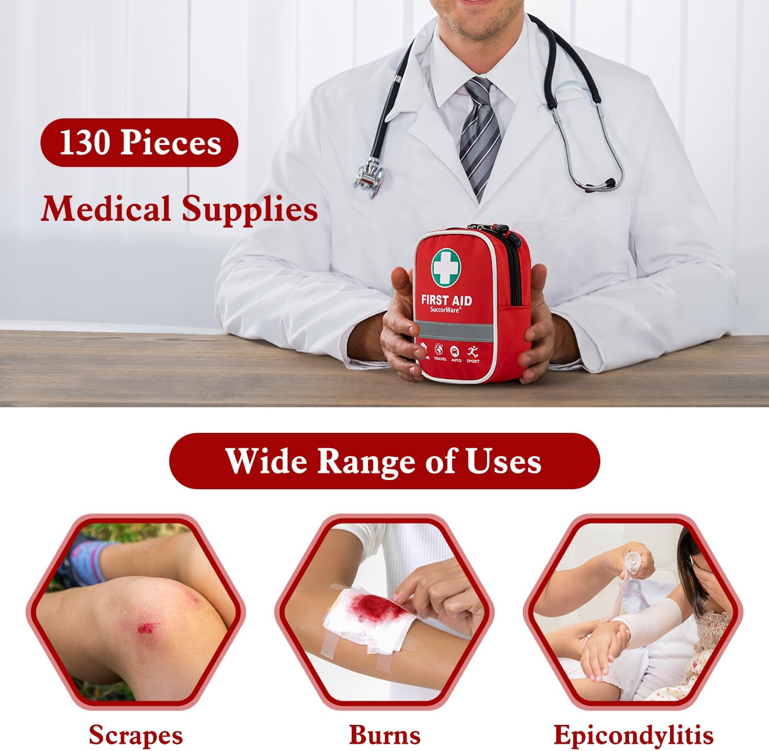 130 Pieces First Aid Kit with Hospital Grade Medical Supplies - Includes Emergency Blanket, Bandage - Great for Home, Outdoors, Office, Car, Travel, Camping, Hiking, Boating