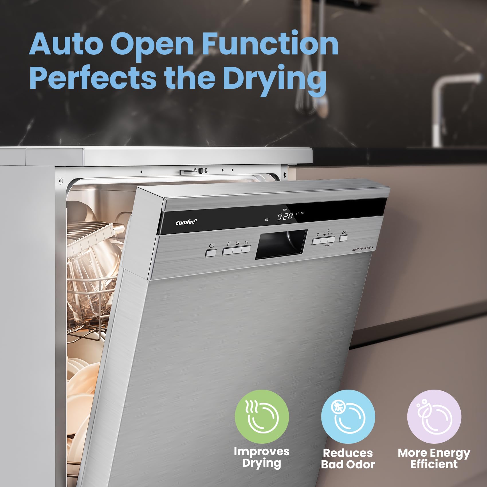 COMFEE' Freestanding Dishwasher CDWEF1034BW-UK 45cm Width, Slimline Dishwasher with 10 place settings, Quick Wash, Hygiene Wash, Delay Start, Half Load, Adjustable Basket - White