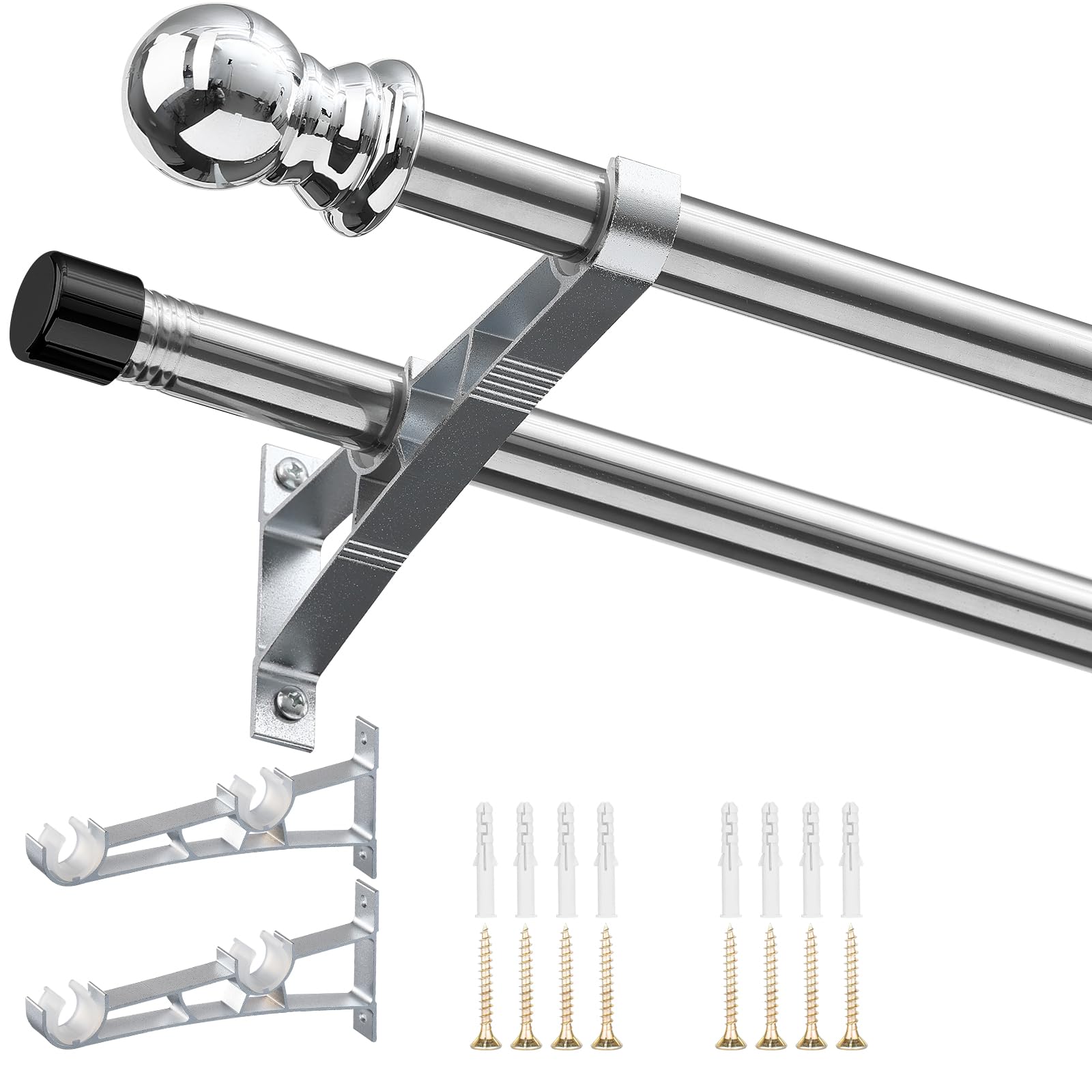 INFLATION Double Curtain Rods for Windows 76-368 cm, 2.5 cm Heavy Duty Double Window Rods - Adjustable Decorative Silver Curtain Rod for Sliding Glass