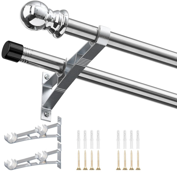 INFLATION Double Curtain Rods for Windows 76-368 cm, 2.5 cm Heavy Duty Double Window Rods - Adjustable Decorative Silver Curtain Rod for Sliding Glass