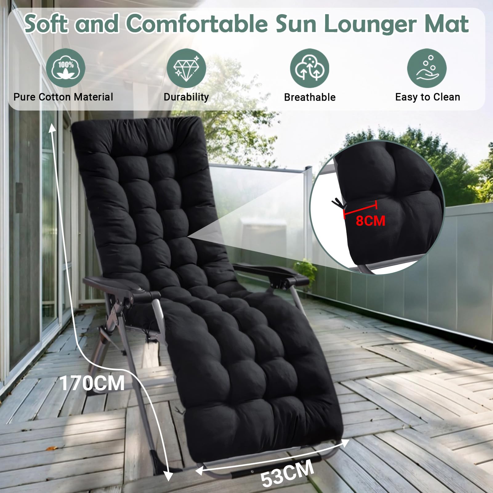 High Back Sun Lounger Replacement Cushion: 170x53 cm Padded Soft Non Slip Ties Outdoor Indoor Use for Reclining Garden Chair Patio Beach Porch Furniture