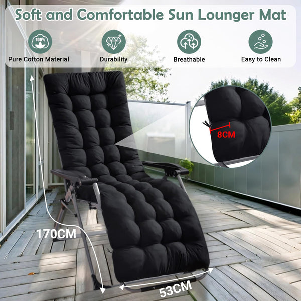 High Back Sun Lounger Replacement Cushion: 170x53 cm Padded Soft Non Slip Ties Outdoor Indoor Use for Reclining Garden Chair Patio Beach Porch Furniture