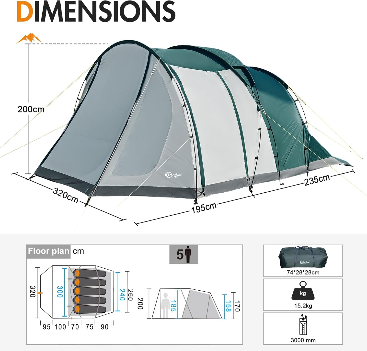 Portal Luxury 5 Man Tent 3000mm Waterproof Large Family Tent with Living Area 4-5 Persons Camping Tall Standing up Height with Fully Sewn-in Groundsheet Extendable Awning Canopy Tunnel 4 Season