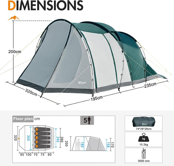 Portal Luxury 5 Man Tent 3000mm Waterproof Large Family Tent with Living Area 4-5 Persons Camping Tall Standing up Height with Fully Sewn-in Groundsheet Extendable Awning Canopy Tunnel 4 Season