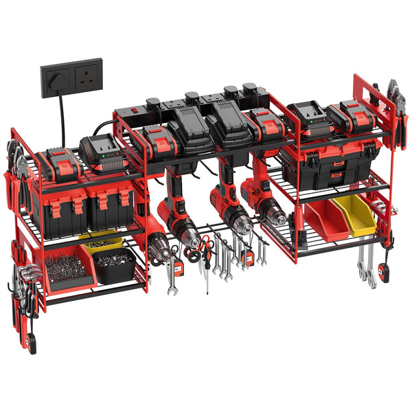 Power Tool Organizer with 6 Way Extension Lead,Large Tools Charging Station,8 Power Drill Tools Heavy Duty Drill Holder Wall Mounted Rack Utility Metal Tool Shelf Storage Organiser for Garage