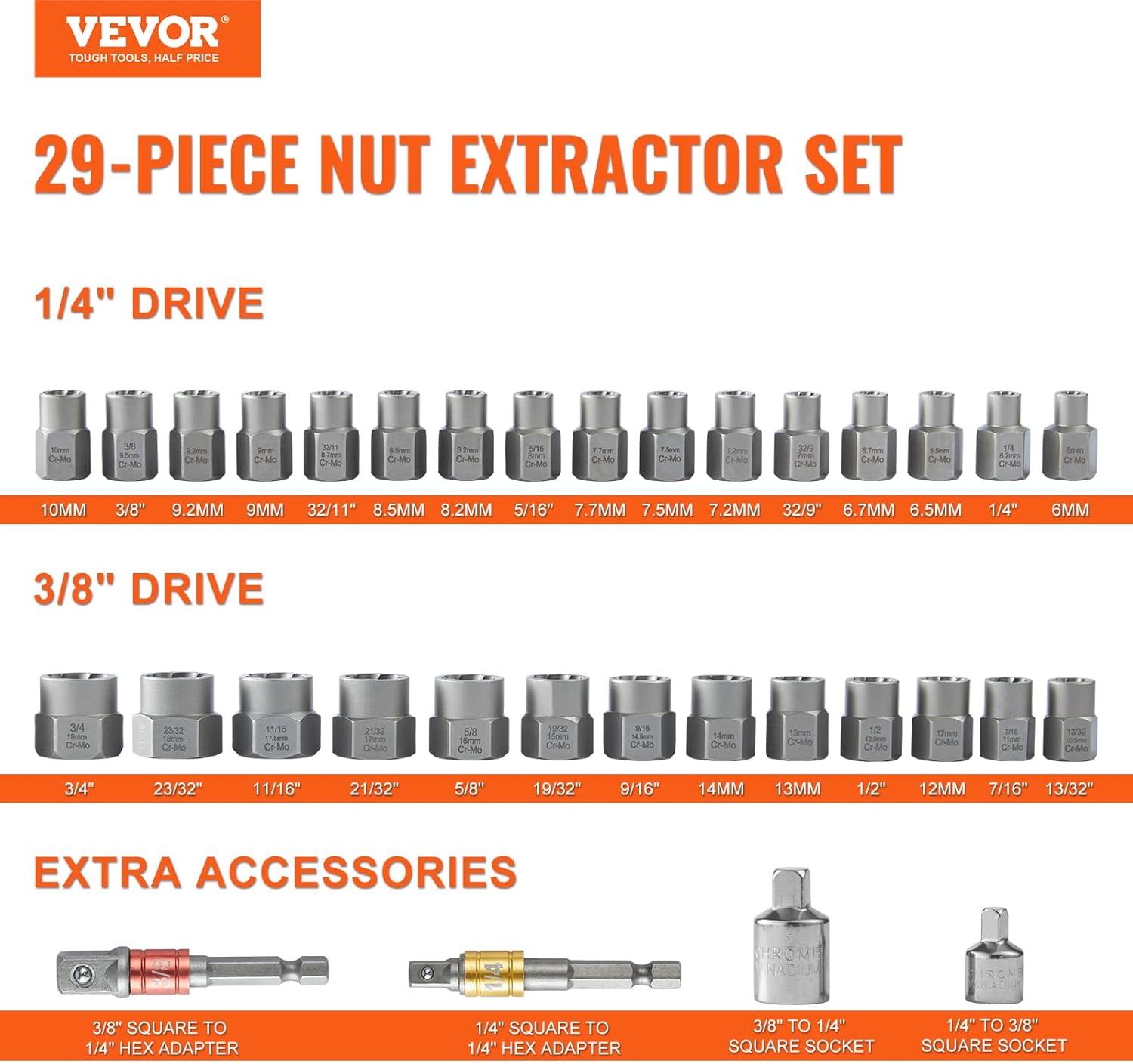 VEVOR Bolt Extractor Set, 29-Piece Bolt and Nut Remover Set, 6mm to 10mm, 13/32" to 3/4", CR-MO Steel Extraction Socket Set with Storage Case, for Removing Damaged Rusted Bolts, Nuts and Screws