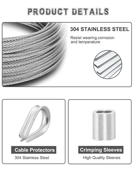 Abimars Wire Rope 2mm, 6m Stainless Steel Garden Wire Rope Cable with Crimping Aluminum, 7x7 Strand Core Metal Cable Wire Rope for Fence, Picture Hanging,Clothes Line
