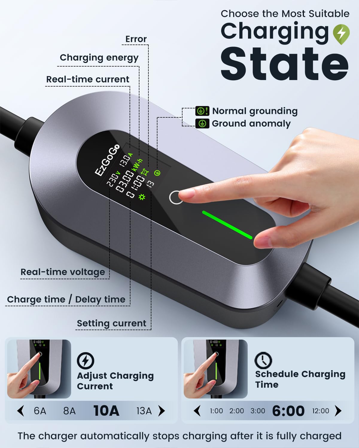 EV Charger Cable Type 2 to 3 Pin Plug 20Ft/6.1M Electric Car Charger 3kW, [6/8/10/13A] Type 2 Charging Cable 3 Pin EV Charger IP65 Advanced Protection Suitable for EVs & PHEVs