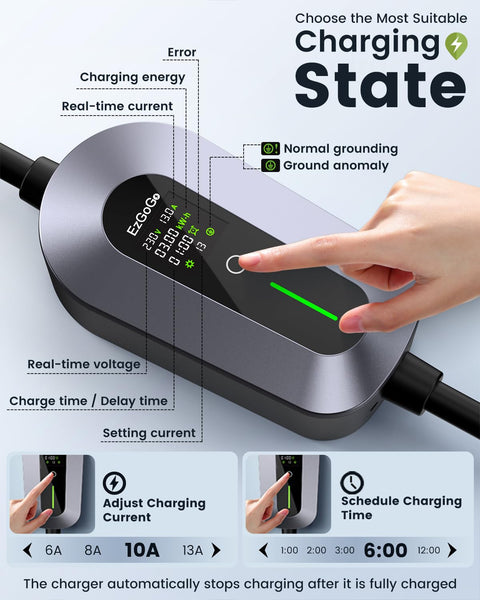 EV Charger Cable Type 2 to 3 Pin Plug 20Ft/6.1M Electric Car Charger 3kW, [6/8/10/13A] Type 2 Charging Cable 3 Pin EV Charger IP65 Advanced Protection Suitable for EVs & PHEVs
