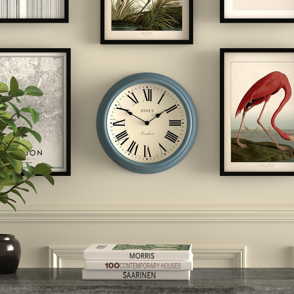 Jones Clocks Venetian wall clock | Classic round clock | 30cm | Blue | Roman numerals | Traditional design ideal for kitchen, living room or bedroom