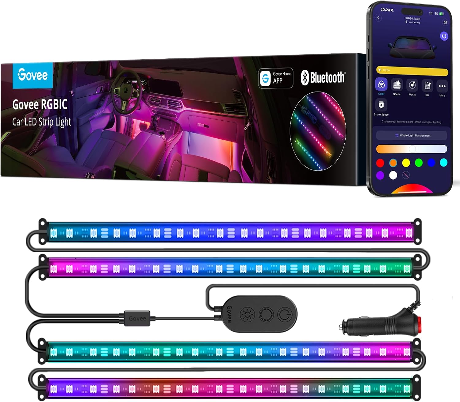 Govee RGBIC Interior Car Lights with App Control, Segmented Colour, 2-Line Design Lighting Kit, DIY Effects, Music and 30 Scene Modes for Cars