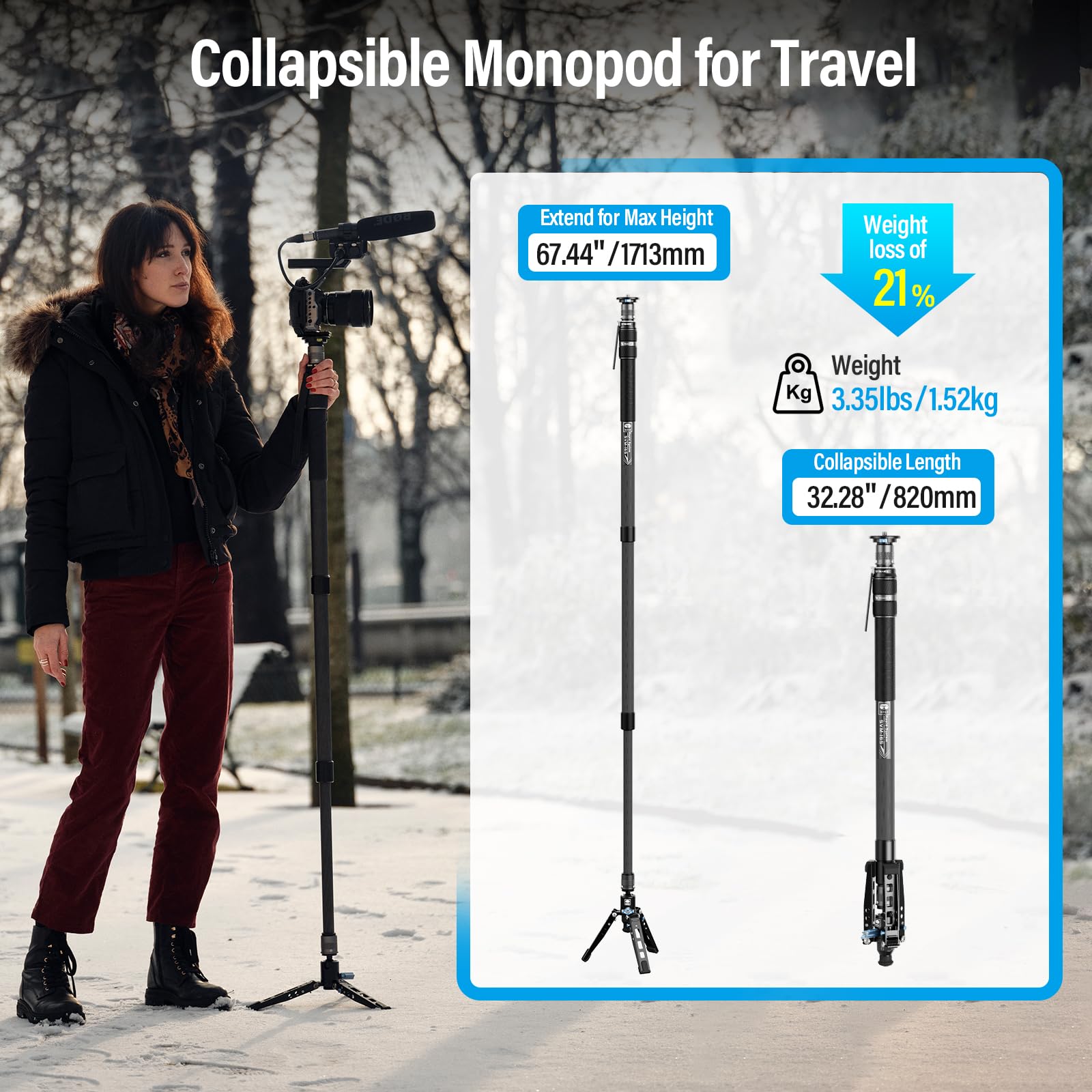 SIRUI SVM-145 Camera Monopod with Feet for Photography, 145cm Carbon Fibre Camera Monopod with Removable Tripod Stand Base, for DSLR, Camcorder, Max Load 10kg