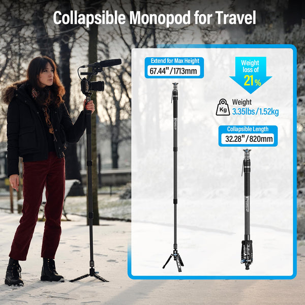 SIRUI SVM-145 Camera Monopod with Feet for Photography, 145cm Carbon Fibre Camera Monopod with Removable Tripod Stand Base, for DSLR, Camcorder, Max Load 10kg