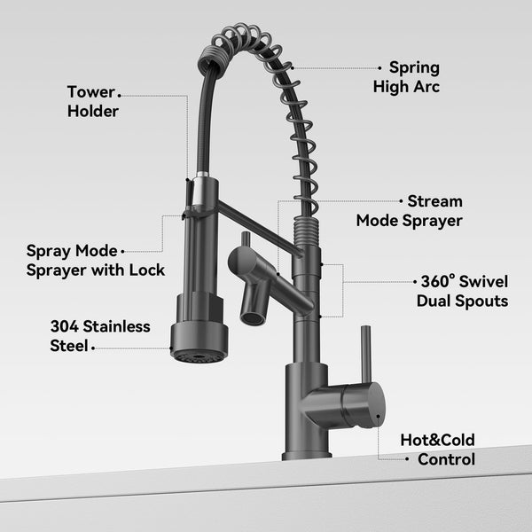 Warmiehomy 5 Modes Kitchen Taps Mixer with Pull Out Spray,High Arc 360° Swivel Dual Spout Pull Down Stainless Steel Kitchen Sink Taps,Brushed Nickel
