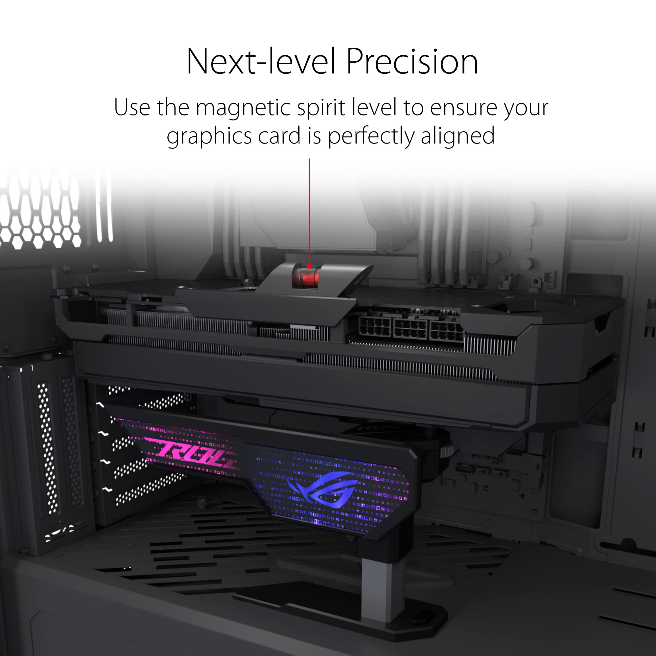 ROG Herculx Graphics Card Holder - Tool-free adjustable GPU support bracket, Spirit level, Solid zinc alloy, 72-128mm, Extensive compatibility, Aura Sync