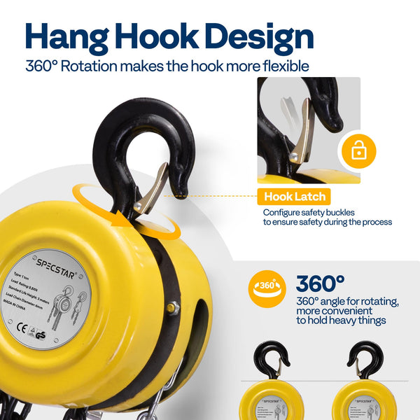 SPECSTAR Hand Chain Hoist 1250kg Capacity 3m with 2 Heavy Duty Hooks Manual Chain Fall for Warehouse Building Automotive Machinery