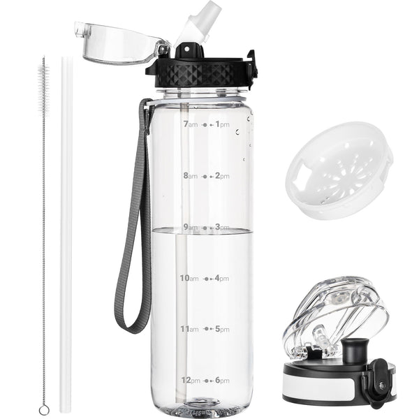 OLDLEY 1L/32oz Sports Water Bottle, 1000ml Motivational Drinks Bottle with Time Markings Leak Proof Drink & Lock Cover & No Straw, BPA Free for Adults Women Men Gym School Cycling Running Hiking