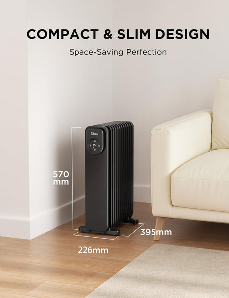 Midea Oil Filled Radiator, 2300W, 11-Fin Portable Electric Heater with Knob Controls, Adjustable Thermostat, 3 Heat Settings, Tip-Over & Overheat Protection, UltraQuiet Operation for Office & Home Use