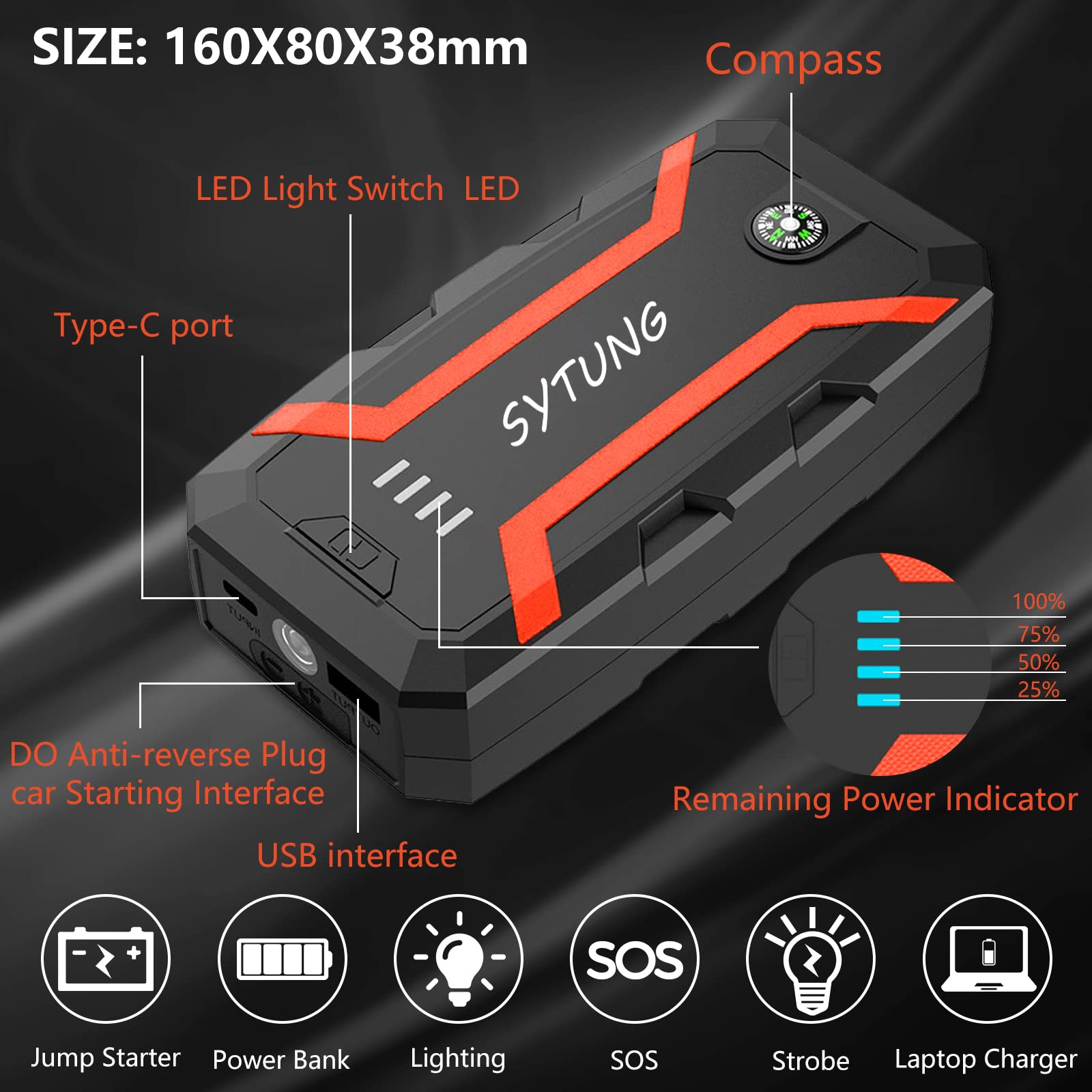 SYTUNG Car Battery Booster Jump Starter Power Pack, 12V Auto Battery Booster Pack, 2000A Peak 20000mAh Portable Power Bank Charger (Up to 6.0L Gas or 3.0L Diesel Engine)