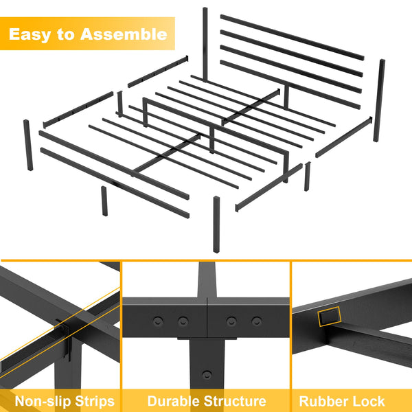 Yornoli Double Bed Frames with Headboard 4ft6 Black Metal Double Bed Frame with Storage Heavy Duty Non-Slip with Steel Slats No Box Spring Needed