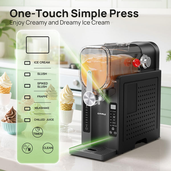 CHIVALZ Slush Machine, Frozen Drink Machine, No Ice Needed, 12H Pre-Scheduling, LED Display, Self-Cleaning, Makes Slushies, Milkshakes, Frappés & Cocktail, AD03, Black, 6 Preset Programs +1 Pack