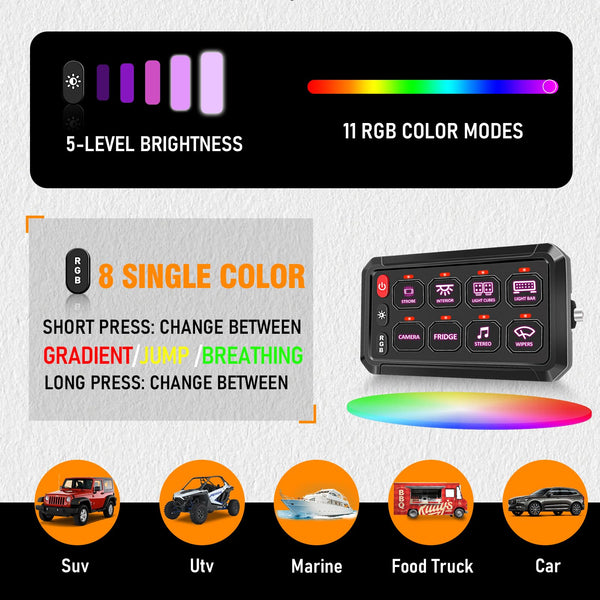 Chelhead 12V/24V Switch Control Panel RGB 6 Gang Dimmable Multi-Function Programmable Switch Panel Acc Battery Control Waterproof, Compatible with Truck Boat SUV RV Trailer Marine ATV UTV