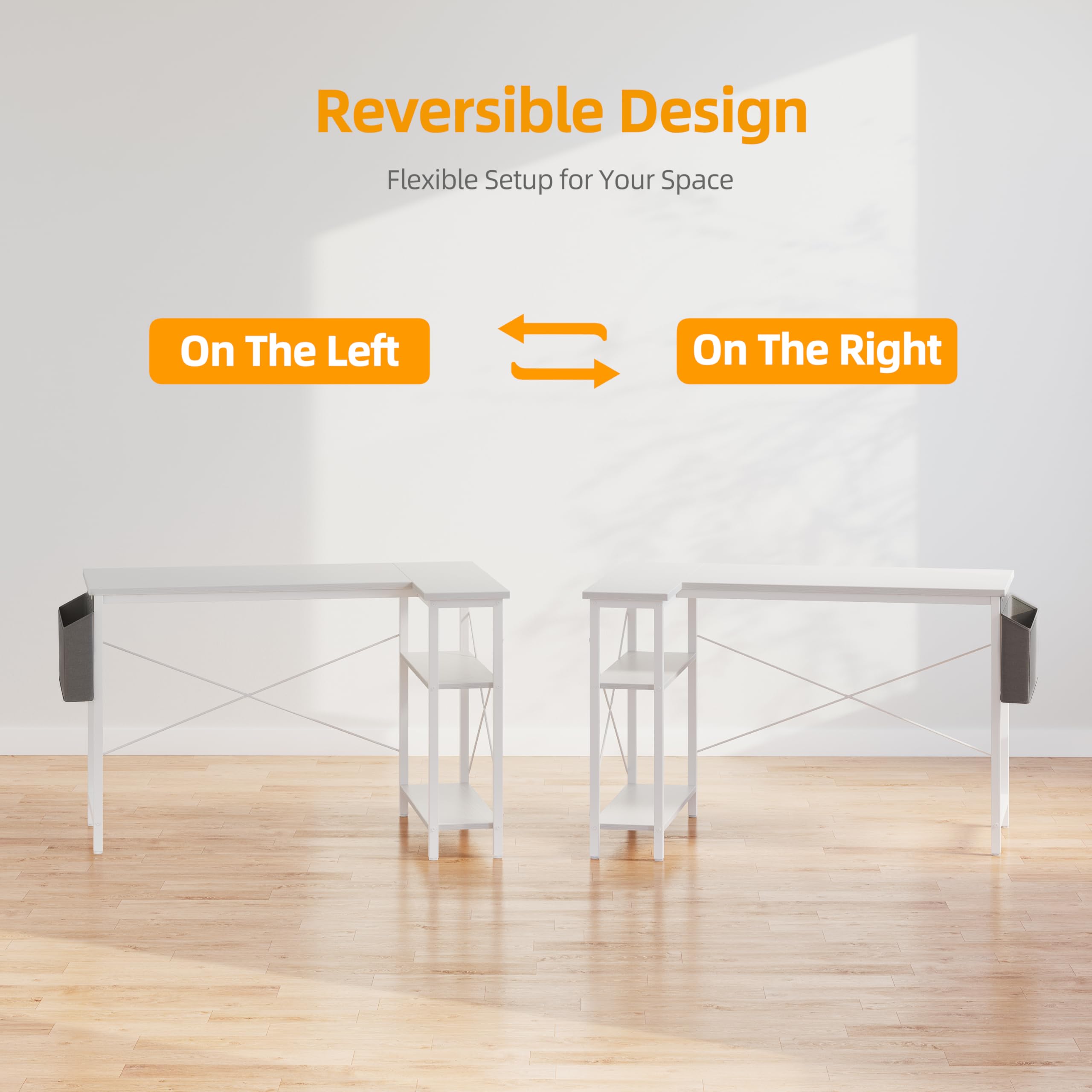 BEXEVUE L Shaped Gaming Desk, 100x70 cm Computer Desk with Storage Bag, Office Desk Small Writing Table with Large Reversible Storage Shelves, Workstation for Study Play Work Home Office, Black