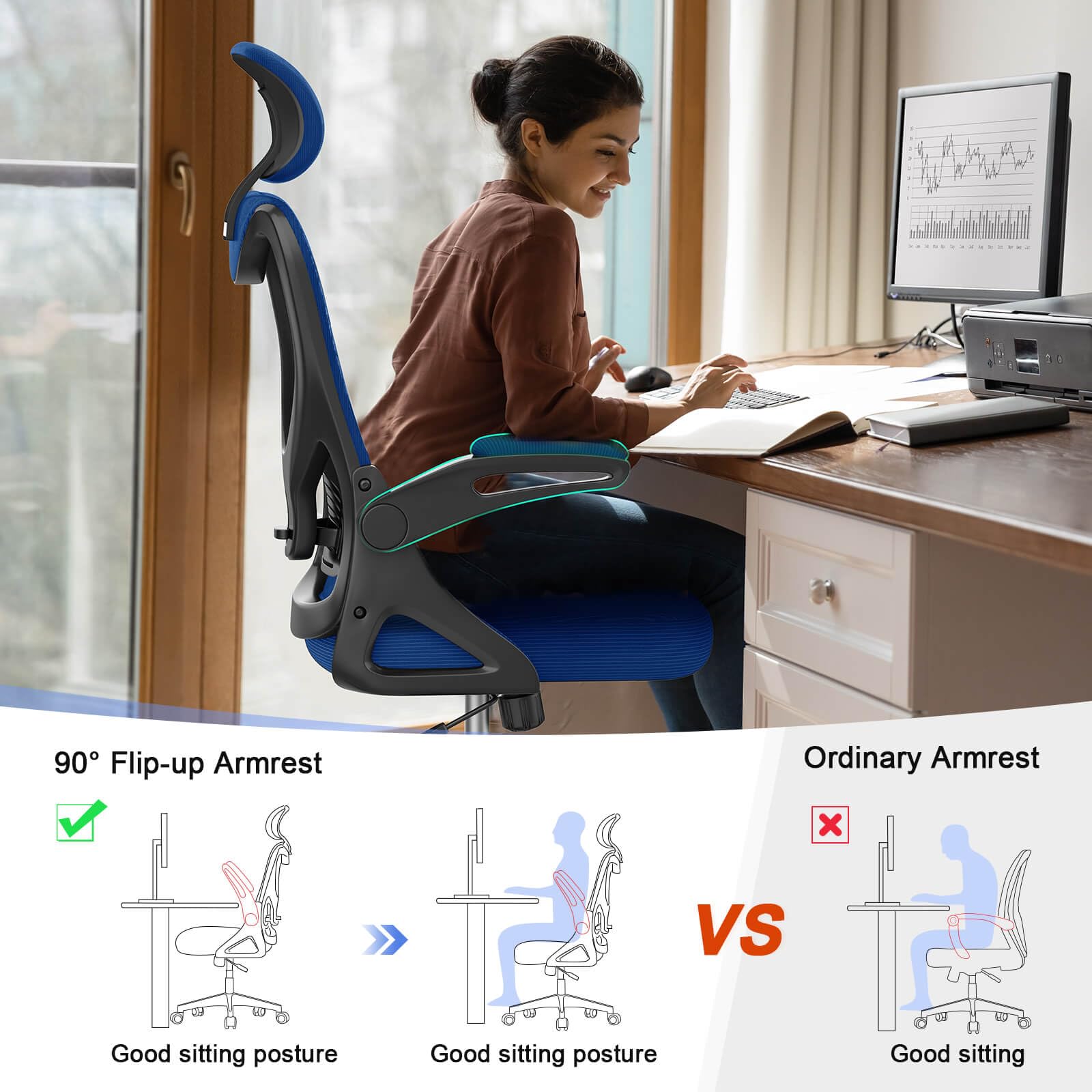 Office Chair - Ergonomic Desk Chair with Lumbar Support Headrest Adjustable, Padded Flip-up Armrests Comfy Seat Cushion High Back Executive Manager Chair For Home Office