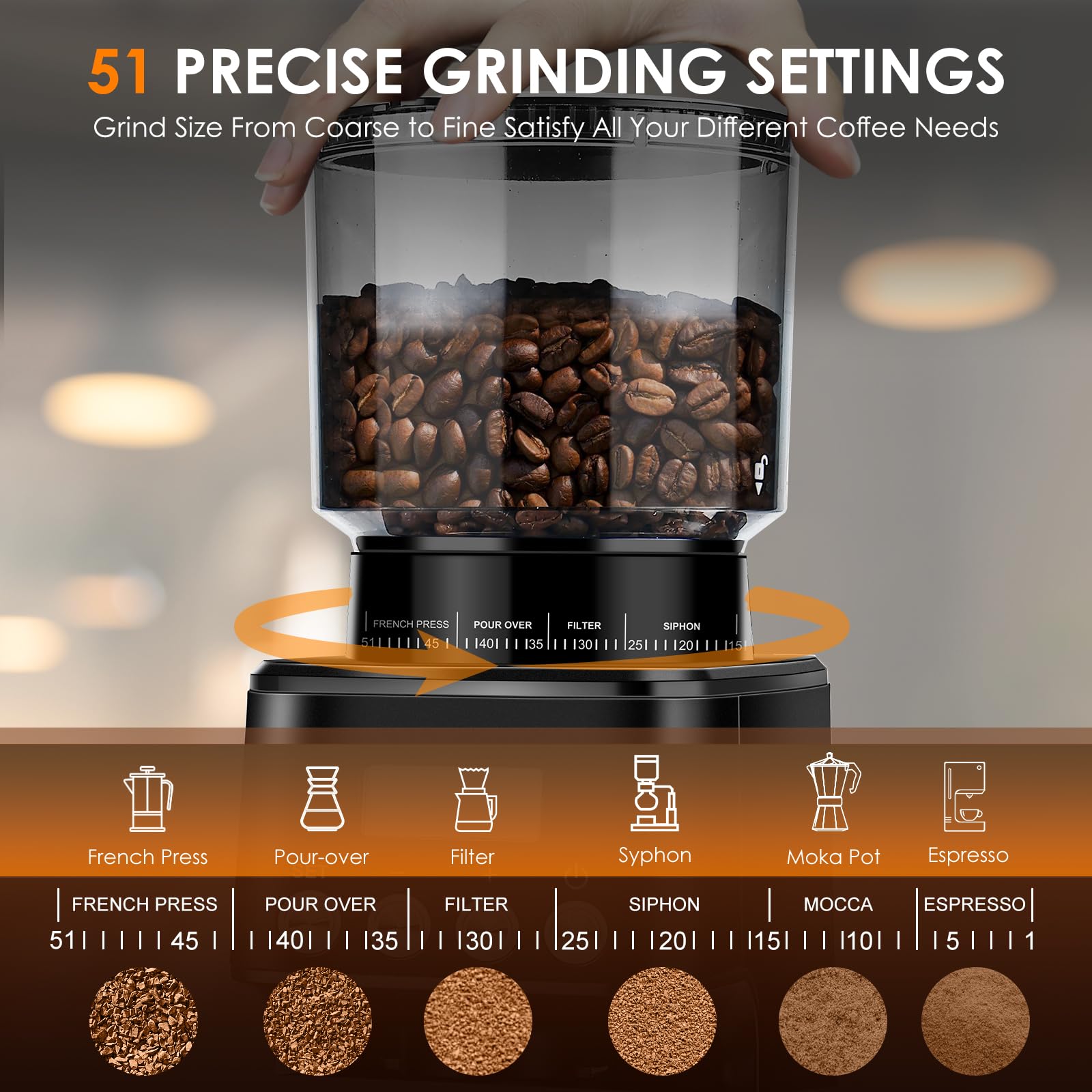Homtone Conical Burr Coffee Grinder Electric for Portafilter and Container, 51 Grind Settings Adjustable Coffee Grinder for Drip/Pour