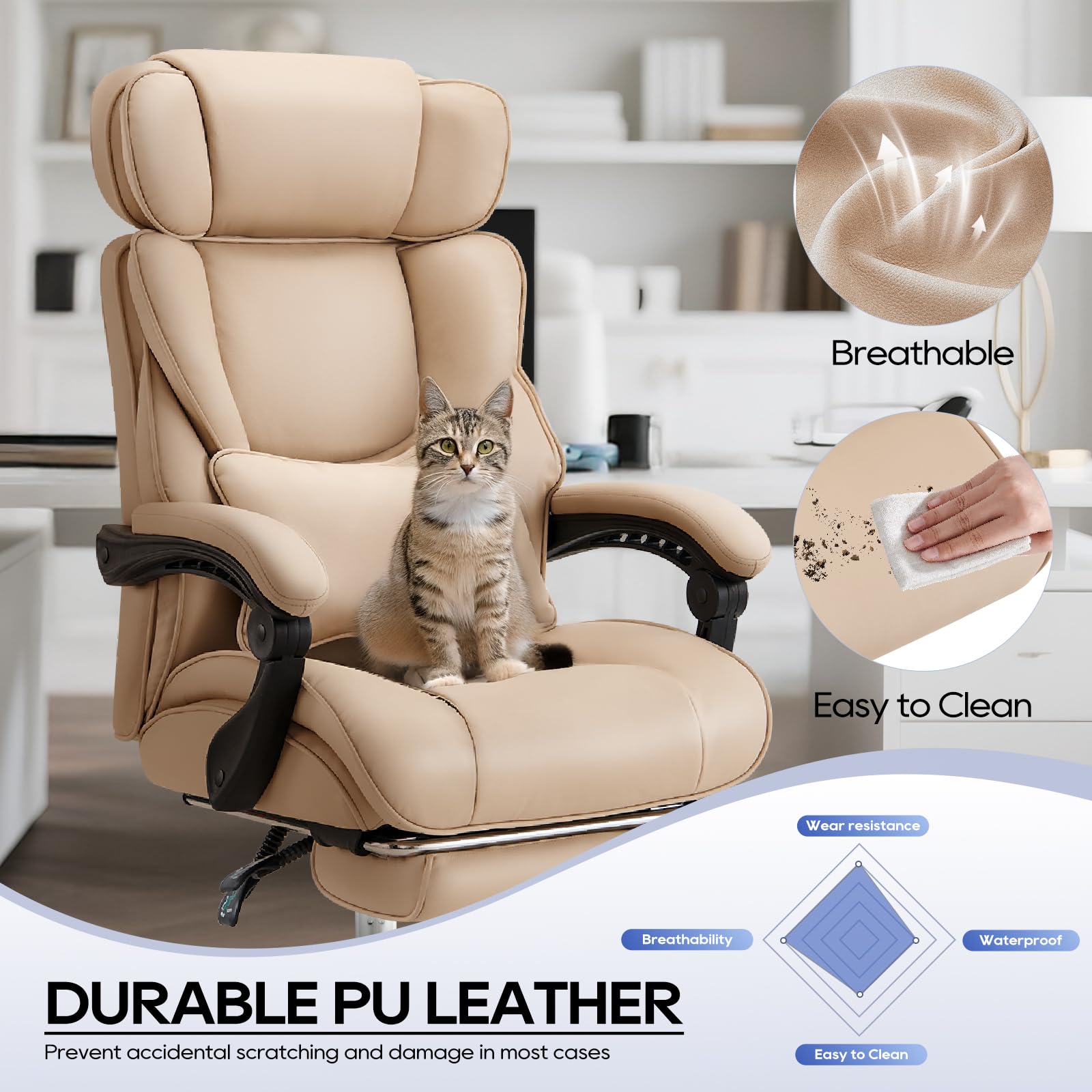 COLAMY Executive Office Chair with Footrest - Ergonomic High Back Design, Thick Bonded Leather Computer Chair with Removable Lumbar Pillow, Recliner Desk chair for Home Office Work Comfort (Black)