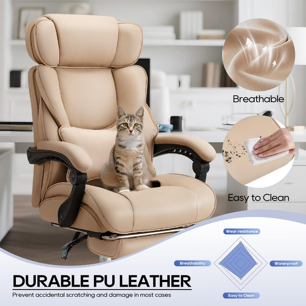 COLAMY Executive Office Chair with Footrest - Ergonomic High Back Design, Thick Bonded Leather Computer Chair with Removable Lumbar Pillow, Recliner Desk chair for Home Office Work Comfort (Black)