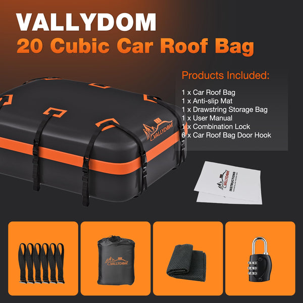VALLYDOM Car Roof Bag 20 Cubic/560 L, 1680D PVC Waterproof Roof Bag No Need Rack, Roof Box with Anti Slip Pad, 6 Heavy-Duty Straps and Password Lock, Folding Soft Roof Bag for Cars with/Without Rack