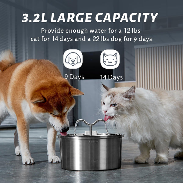 DOOOB Cat Water Fountain for Drinking, 3.2L Pet Water Fountain, Ultra Silent Stainless Steel Automatic Cat Fountain for Cats, Dogs and Other Pets