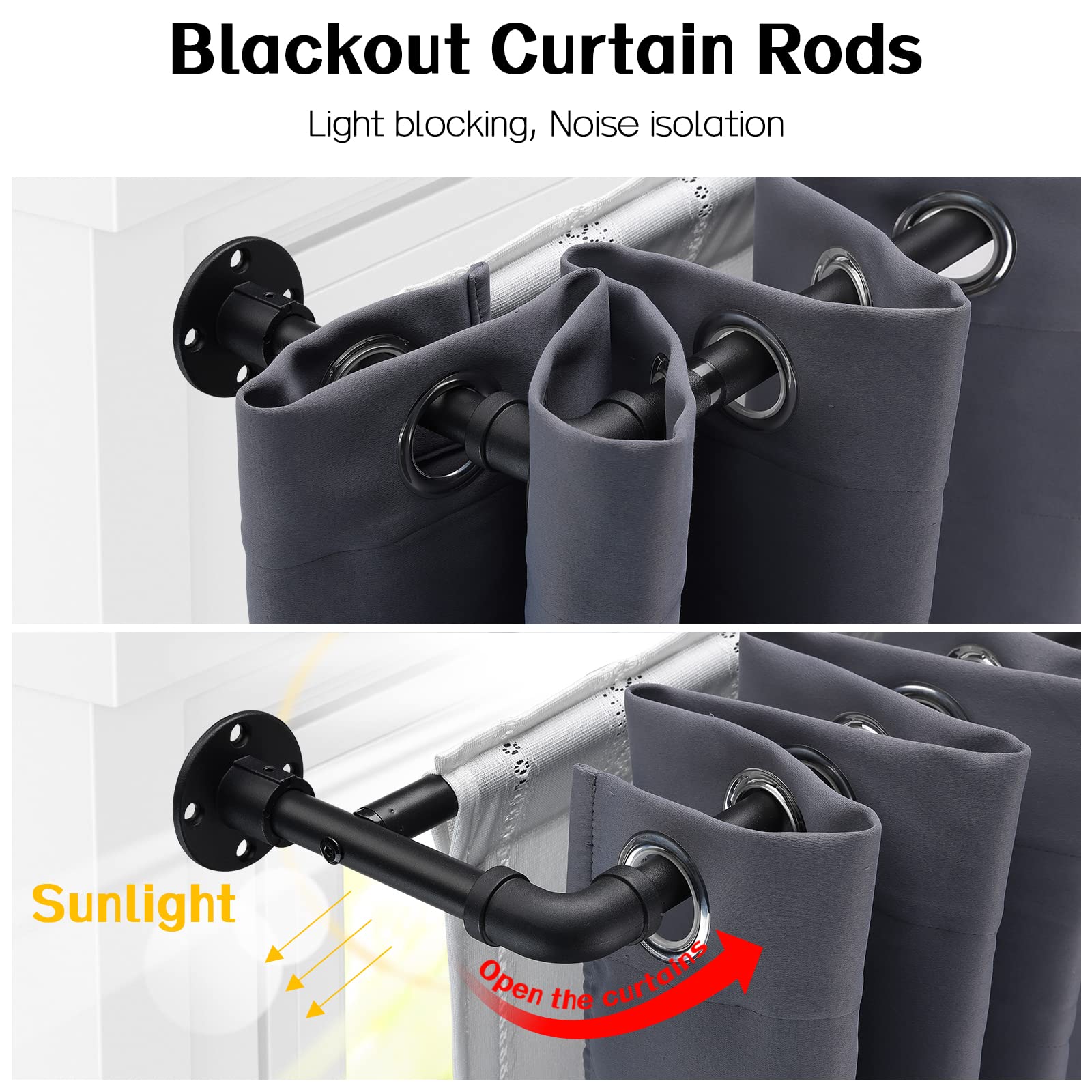 Harrms Industrial Double Curtain Pole, Curtain Poles for Eyelet Curtains, Matt Black, 74-309cm, Extendable Metal Curtain Rod Blackout Room Darkening