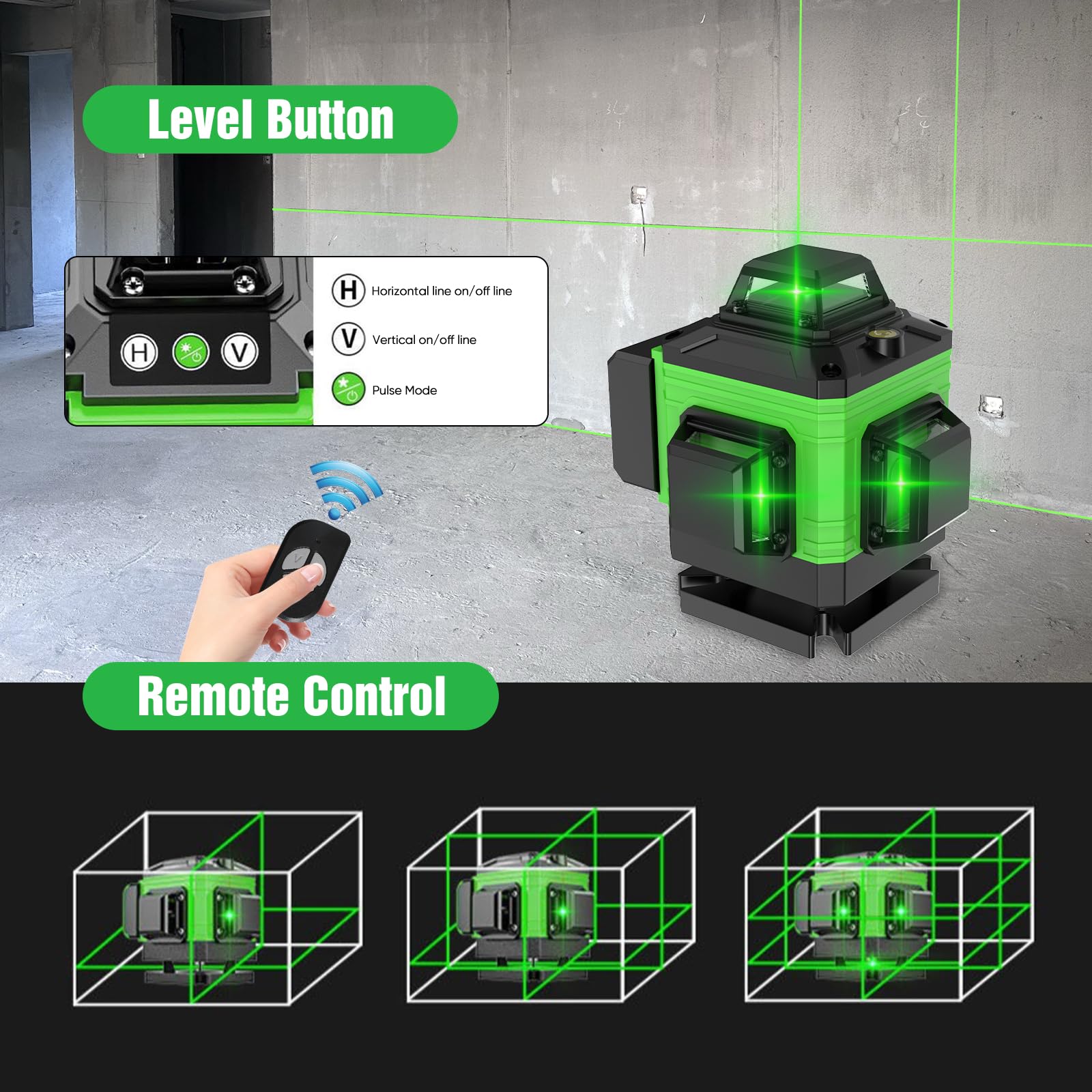 Laser Level Self Leveling 4 x 360°, 4D 16 Lines Green Professional Laser Level with 2 Batteries, Adjustable Brightness Pulse Mode, Swivel Base Remote Control Wall Bracket (with Tripod Base)
