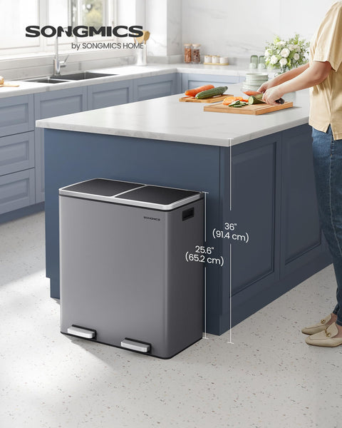 SONGMICS Dual Rubbish Bin, 2 x 30 L Recycling Bin with 15 Rubbish Bags, 2-Compartment Metal Pedal Bin with Lids and Plastic Inner Buckets, Soft Closure, Slate Grey LTB060G01