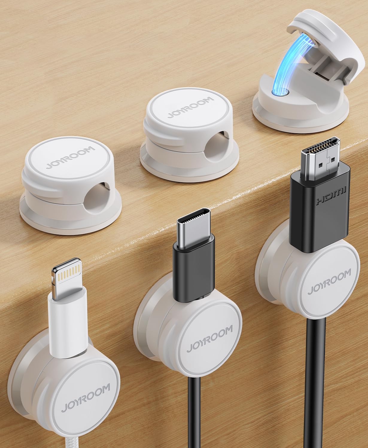 JOYROOM 6 Pack Cable Tidy Clips Cord Organiser Magnetic Cable Management Self Adhesive Wire Holder for Desk, Nightstand, Charging Cables, HDMI, USB, Audio Cable, Office, Home, White