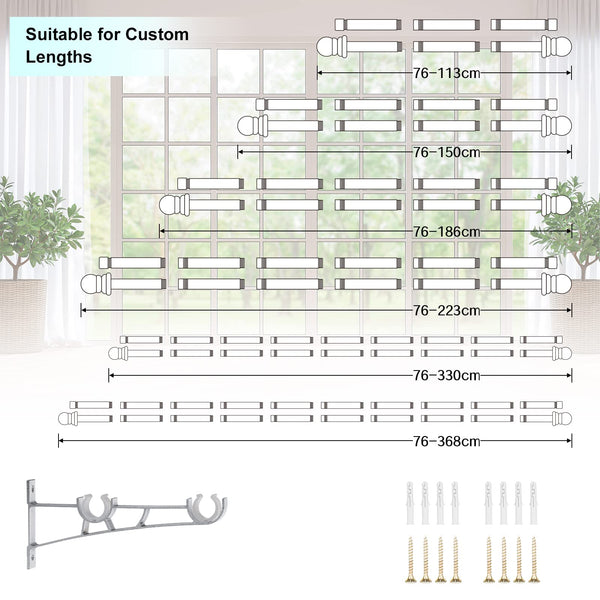 INFLATION Double Curtain Rods for Windows 76-368 cm, 2.5 cm Heavy Duty Double Window Rods - Adjustable Decorative Silver Curtain Rod for Sliding Glass
