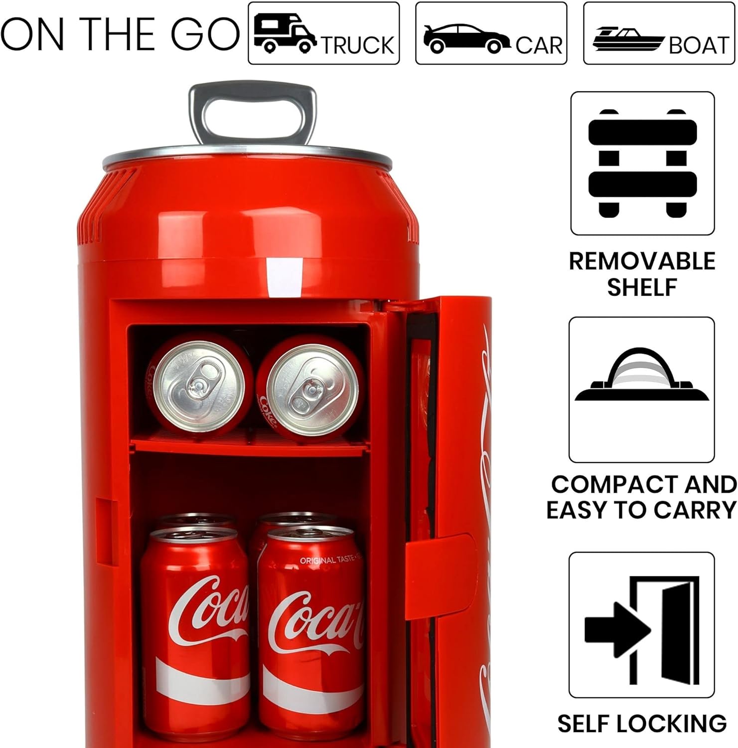 Coca Cola CC06-G 5.4L 8 Can Portable Coke Mini Fridge, Thermoelectric 12 V Cool Box, Car Refigerator for Snacks Lunch Drinks, AC Cords, Desk Accessory for Home Office Camping, Red