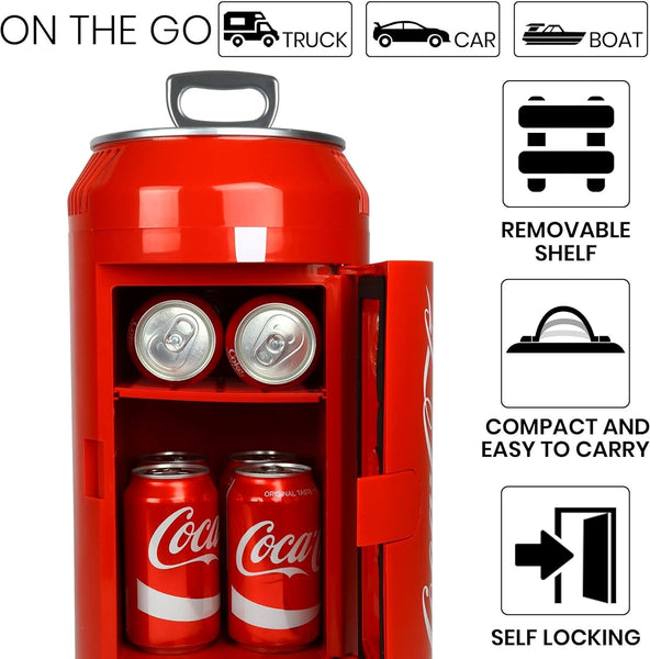 Coca Cola CC06-G 5.4L 8 Can Portable Coke Mini Fridge, Thermoelectric 12 V Cool Box, Car Refigerator for Snacks Lunch Drinks, AC Cords, Desk Accessory for Home Office Camping, Red