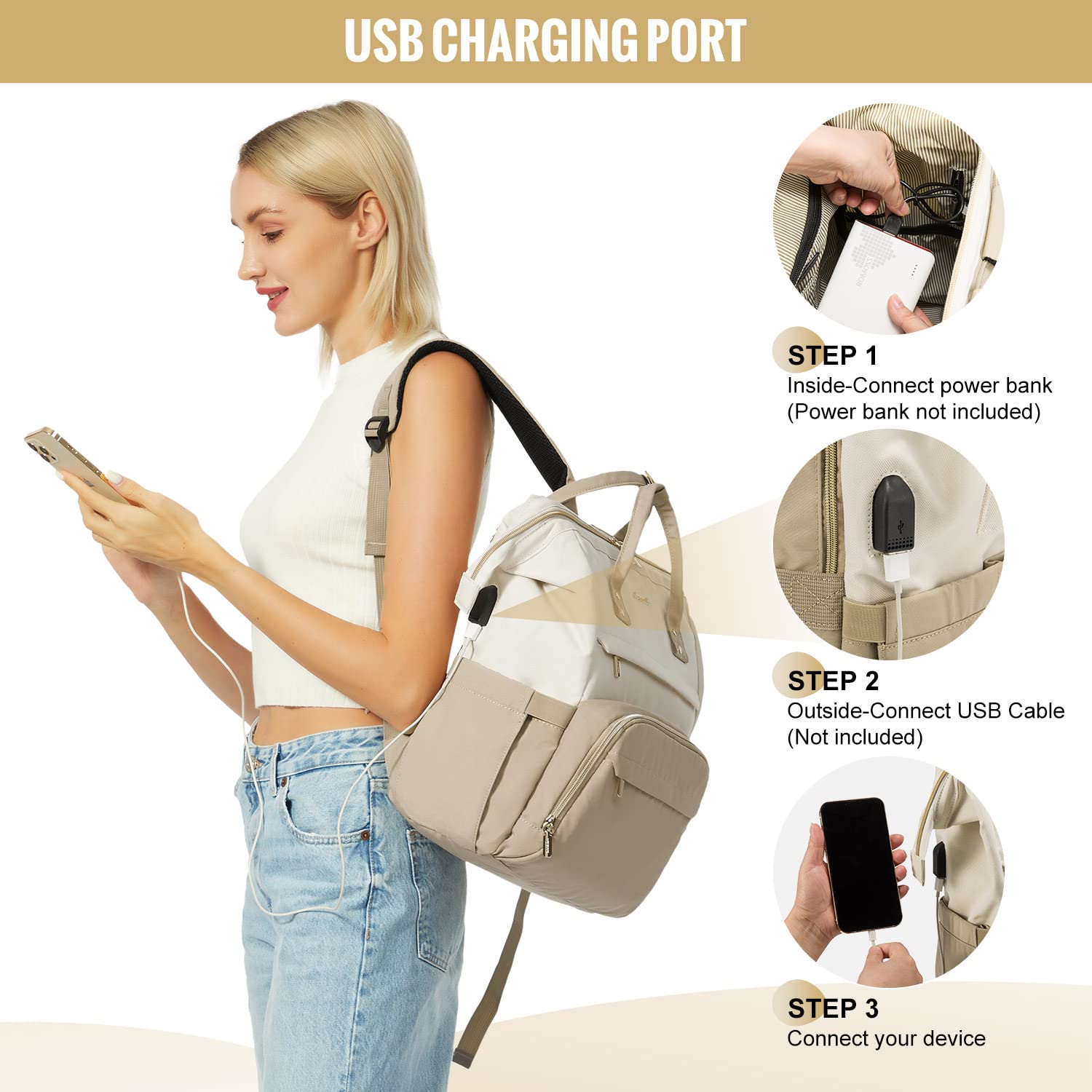 LOVEVOOK Laptop Backpack Women 15.6 inch, Work Bags for Womens, School Computer Bag with USB Port for Business College Travel, Rucksack for Teacher Nurse,BeigeGrey