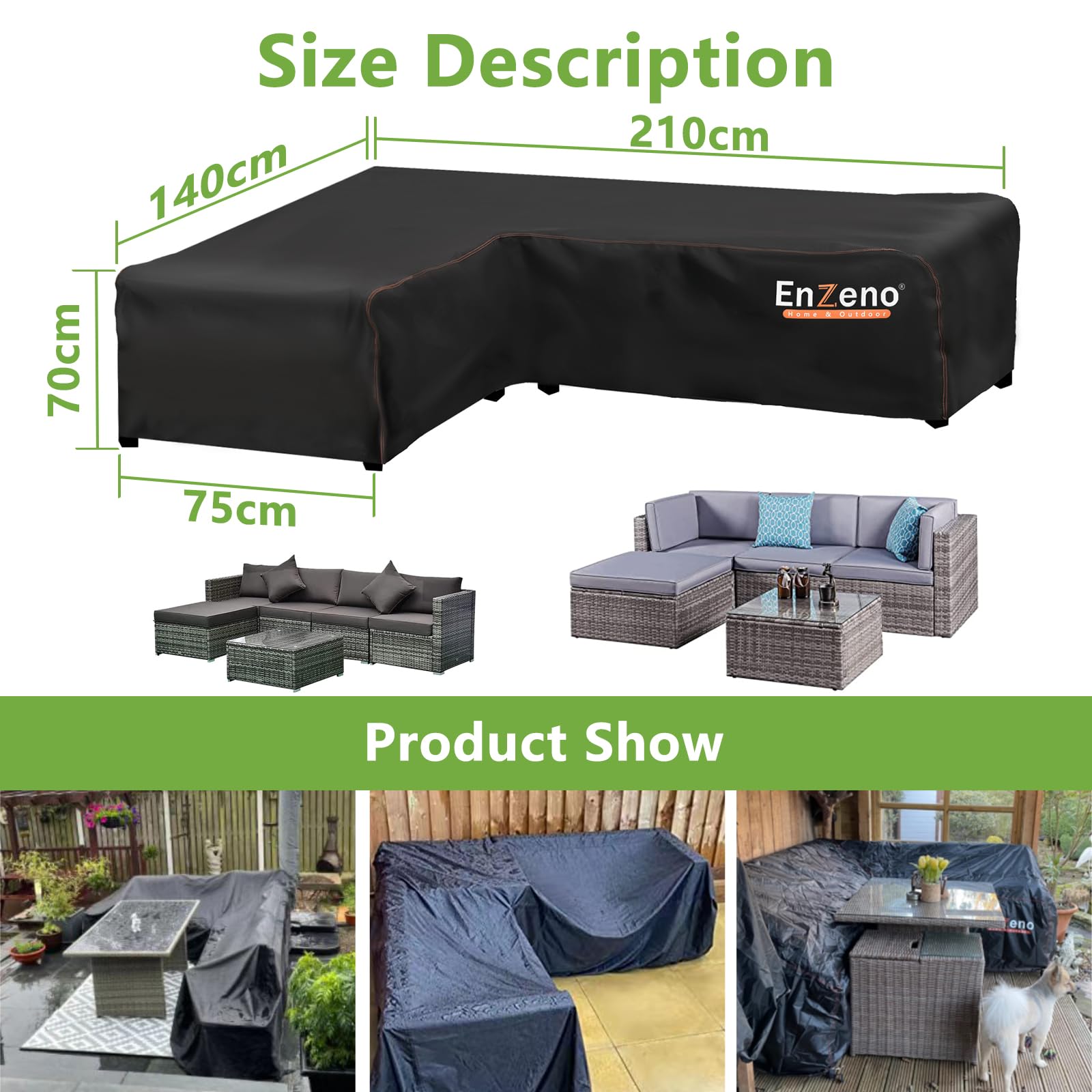 Enzeno l shaped garden sofa covers waterproof,420D Oxford Fabric outdoor sofa cover, Rattan Corner Furniture Cover with Waterproof Tape (140x210x75cm)