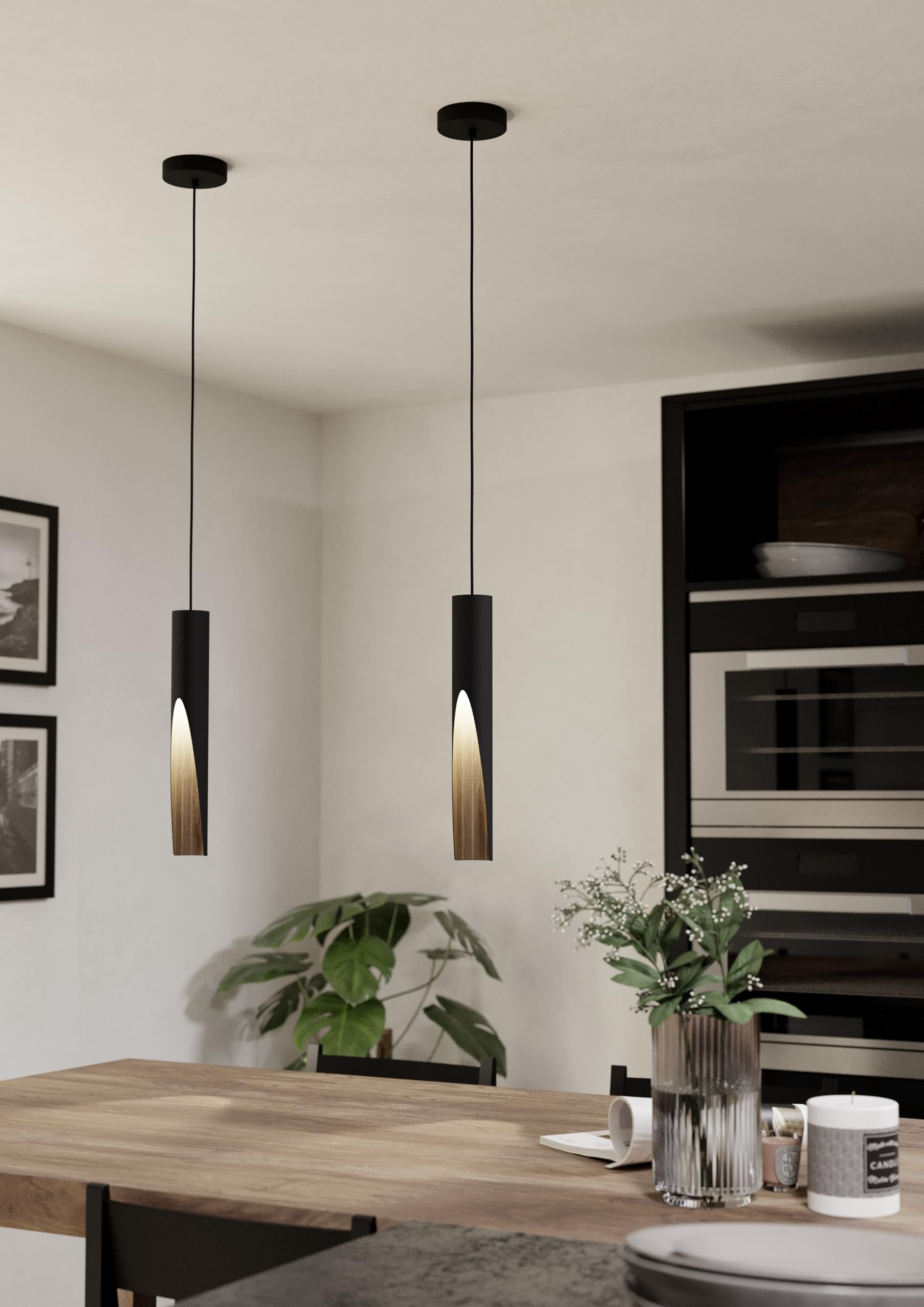 Eglo LED Pendant Lighting Barbotto, Hanging lamp with indirect Lighting, Metal Ceiling Light Fixture in Black and Wood Look, GU10 Bulb, Warm White,