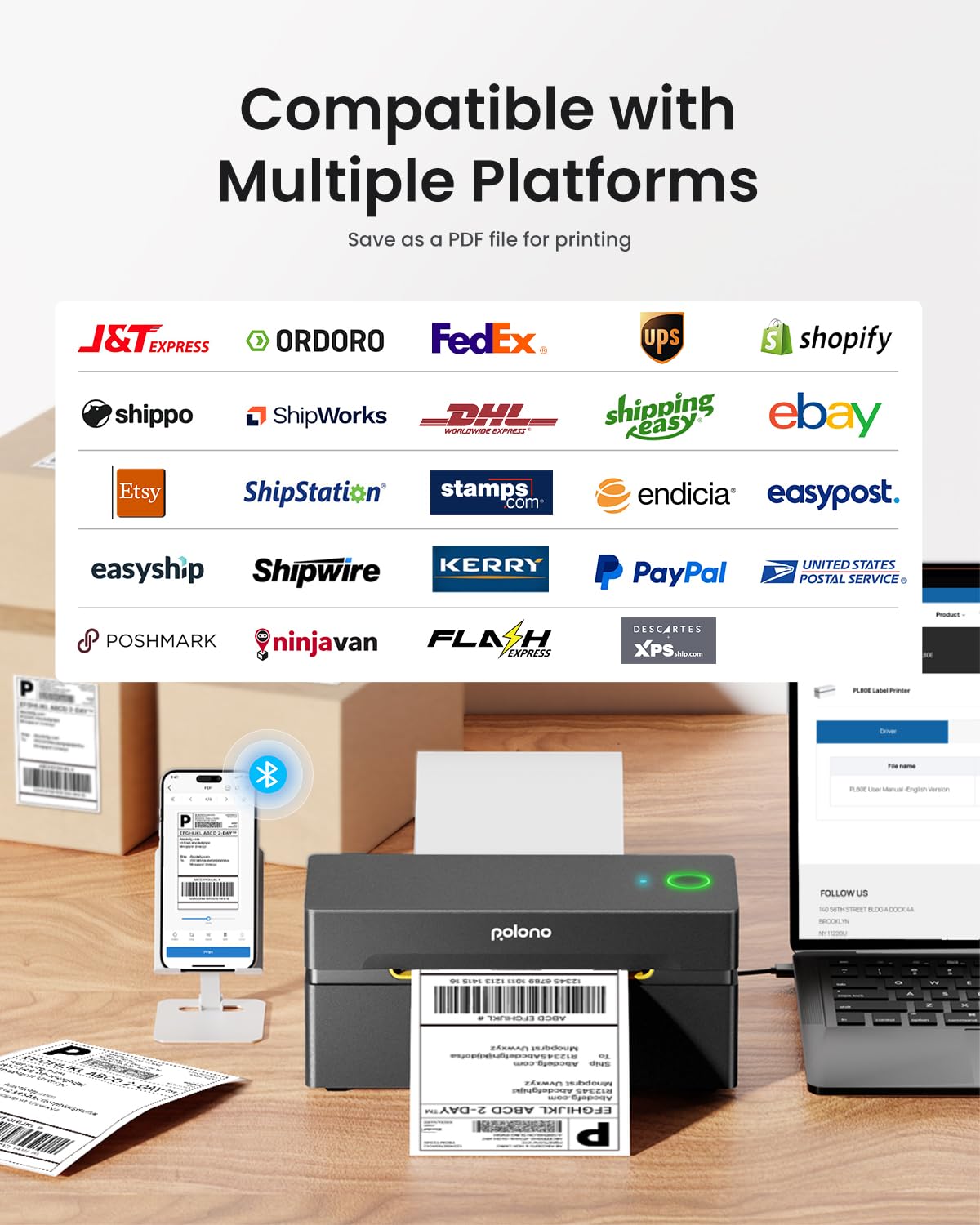 POLONO Bluetooth Thermal Shipping Label Printer, Wireless 4x6 Shipping Label Printer for Small Business, Support iOS, Android, Windows and Mac, Compatible with Amazon, Ebay, Shopify, Etsy, USPS (Grey)