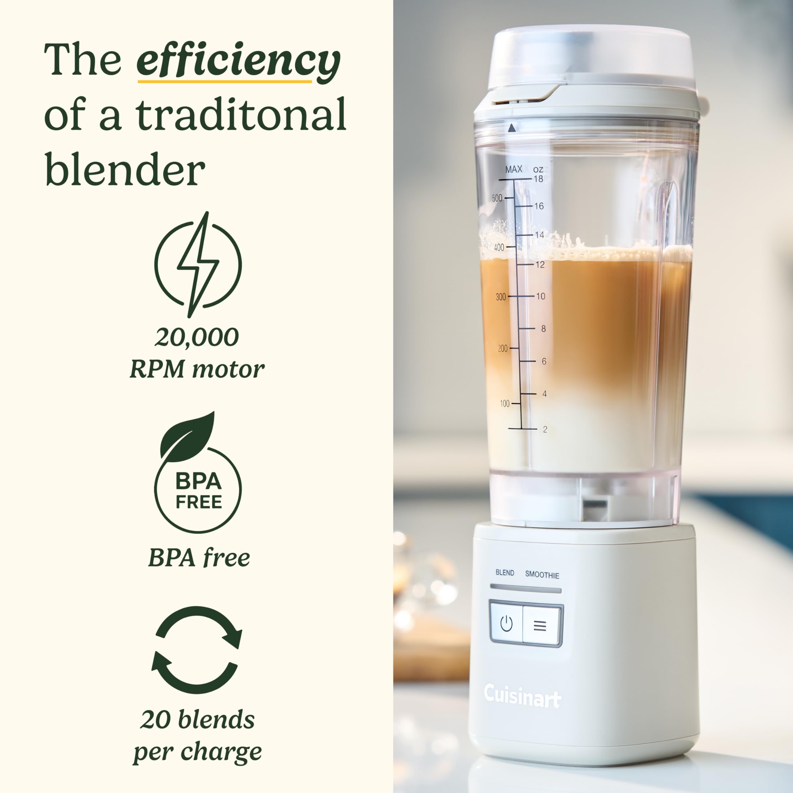 Cuisinart® Blast & Go Portable Blender | Cordless, USB-C rechargeable | BPA-free travel cup | 20,000 RPM motor | 2 presets: Blend & Smoothie | Smoothies, protein shakes, crush ice, frozen fruits, nuts