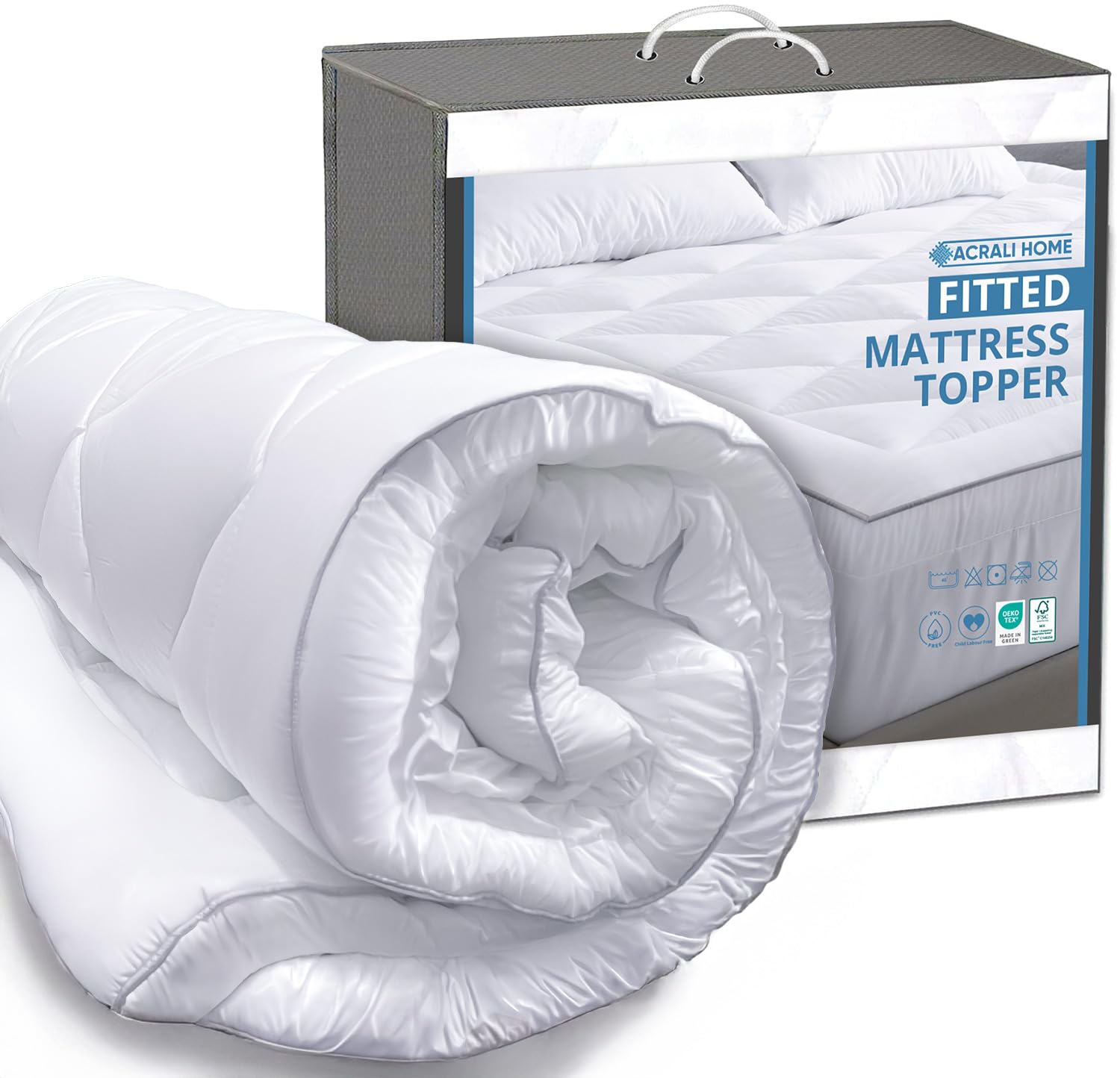 ACRALI HOME Luxury Thick Mattress Topper Double Bed – 4 Inch Extra Thick, Hotel Quality, Quilted and Breathable Topper with Elasticated Corner Straps for Superior Comfort and Fit