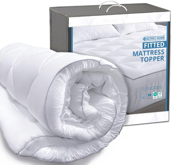 ACRALI HOME Luxury Thick Mattress Topper Double Bed – 4 Inch Extra Thick, Hotel Quality, Quilted and Breathable Topper with Elasticated Corner Straps for Superior Comfort and Fit