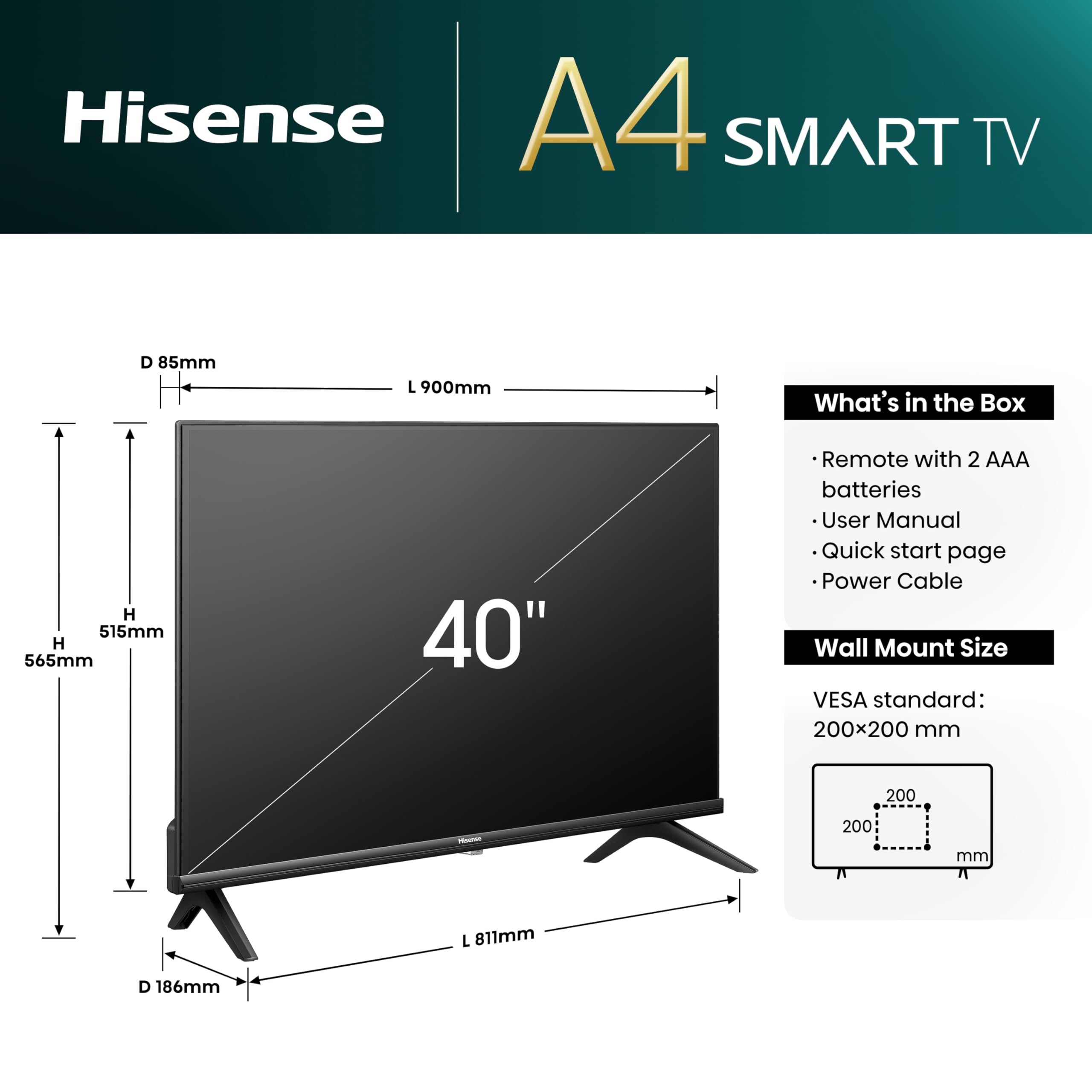 Hisense 40" 40E4QTUK FHD LED TV with Freely - Direct Lit LED, Dolby Audio, Natural Colour Enhancer, Games Mode, Sports Mode with Freely, Disney +, YouTube, Netflix