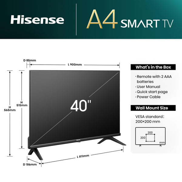 Hisense 40" 40E4QTUK FHD LED TV with Freely - Direct Lit LED, Dolby Audio, Natural Colour Enhancer, Games Mode, Sports Mode with Freely, Disney +, YouTube, Netflix